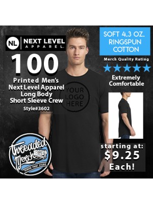 100 Custom Screen Printed Next Level 3602 Mens Unisex Cotton Long Body Crew Special 